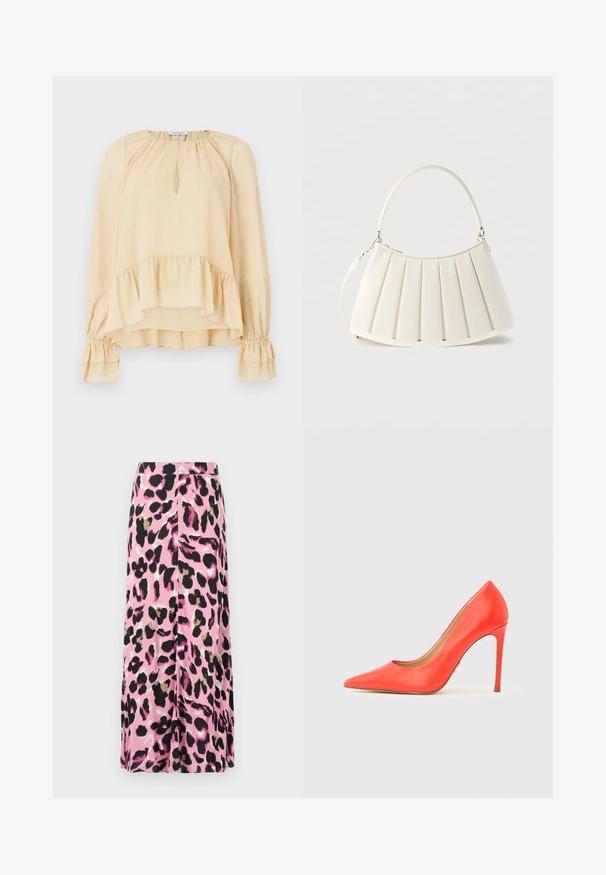 Beige Bluse mit langen Ärmeln und dezenten Glitzern, Schlüssel-Ausschnitt, gerafftem Saum und gerafften Rüschenmanschetten auf einfarbigem Hintergrund.; Rosa Rock mit einem Tiermuster in Schwarz, Gold und Weiß. Glatter Stoff mit fließendem Design. Midilanger Schnitt.; Roter Leder-Pumps mit spitzer Kappe, glatter Textur, schlankem Stiletto-Absatz und einem dezenten goldenen Akzent an der Seite.; Weiße Faltenschultertasche mit geschwungenem oberen Griff und abnehmbarem Riemen, mit dezentem, geprägt eingraviertem Logo auf der Vorderseite.