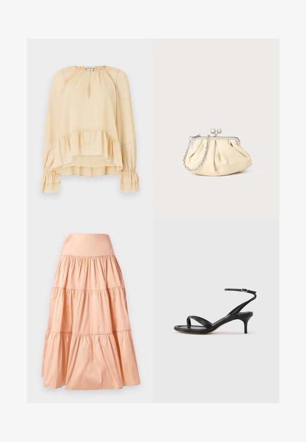 Blouse beige à manches longues avec des paillettes subtiles, décolleté en forme de trou de serrure, ourlet volanté et poignets froncés à volants sur un fond uni.; Jupe en cascade de couleur pêche, fabriquée dans un matériau léger. Elle présente une large taille élastique et une texture douce plissée sur l'ensemble.; Sandale pour femme en cuir noir avec fines lanières, une boucle d'orteil, une boucle à la cheville et un talon aiguille de hauteur moyenne sur un fond neutre.; Pochette en cuir beige plissé avec un cadre en métal argenté, dotée de deux fermoirs ronds décoratifs et d'une chaîne en argent.