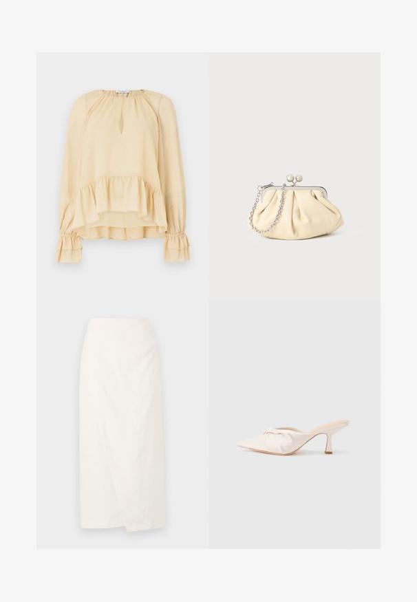 Langærmet beige bluse med diskrete glimt, hjerteformet udskæring, flæset kant og samlede flæseærmer på en ensfarvet baggrund.; Hvid knælang nederdel lavet af letvægtsstof, med en omslagsdesign og blød, tekstureret overflade. Enkle, rene linjer uden pynt.; Mulesko i lyst beige stof med et knyttet design foran, spids tå og en slank, tilspidset hæl. Glat tekstur over det hele.; Plisseret beige læderclutch med en sølvmetalramme, der har to runde dekorative låse og en sølvkædetrasporte.