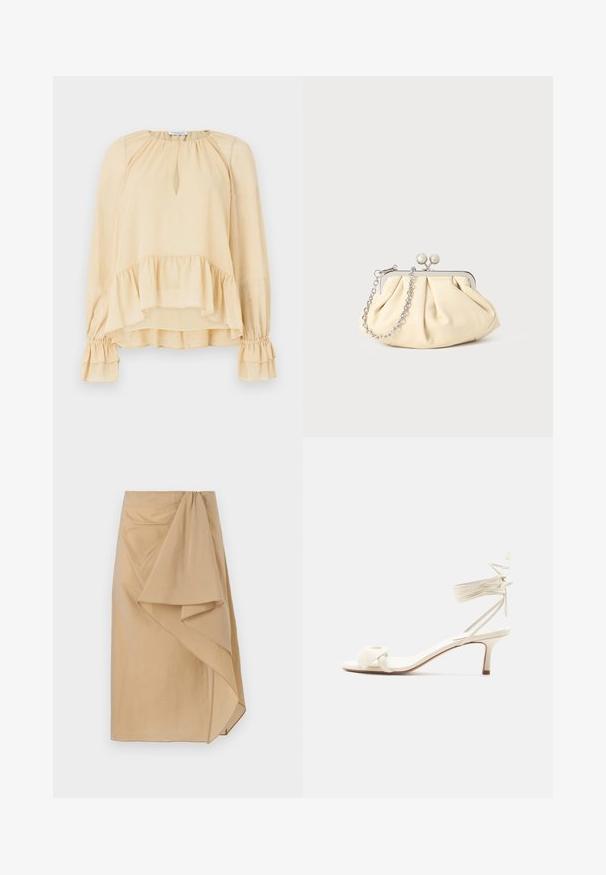 Lange mouwen beige blouse met subtiele sparkles, keyhole halslijn, gerimpelde zoom en gathered gerimpelde manchetten op een effen achtergrond.; Beige wikkelrok van lichtgewicht stof met een asymmetrische draping, voorzien van een gegarneerde tailleband en een gladde textuur. Geen zichtbare sluitingen.; Roomkleurige sandalen met lage hak, enkelriempjes en een brede gedraaide band over de tenen, op een effen witte achtergrond.; Geplooide beige leren clutch met een zilveren metalen frame, voorzien van twee ronde decoratieve sluitingen en een zilveren kettingriem.