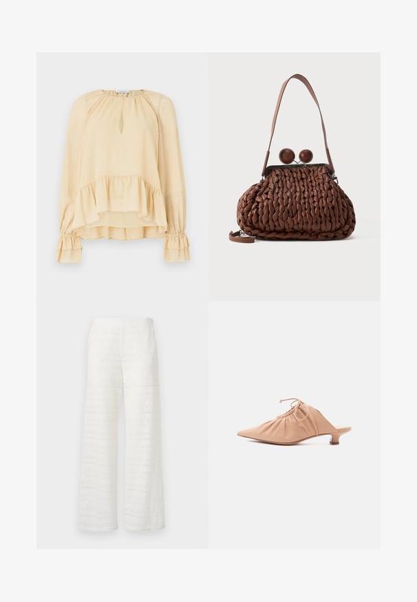 Langærmet beige bluse med diskrete glimt, hjerteformet udskæring, flæset kant og samlede flæseærmer på en ensfarvet baggrund.; Bredde ben hvide bukser med broderede mønstre, hulmønster-detaljer og en struktureret overflade; lavet af letvægtsstof for åndbarhed.; Beige dames mule i læder med spids tå, rynket overdel, snøre og lav kittenhæl på hvid baggrund.; Brun flettet læderhåndtaske med en enkelt strop og to store runde trælukninger på toppen.