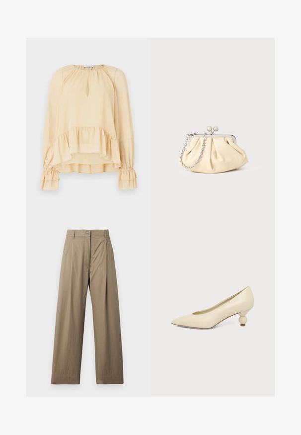 Blusa beige de manga larga con sutiles destellos, escote en forma de ojal, dobladillo con volantes y puños con volantes fruncidos sobre un fondo liso.; Pantalones de pierna ancha en caqui, confeccionados con una mezcla de algodón, que cuentan con cierre de botón, bolsillos laterales y una textura suave con un ligero brillo.; Zapato de mujer color crema con punta afilada y tacón bajo, con tacón redondo en forma de bola, sobre un fondo liso.; Clutch de cuero beige plisado con un marco de metal plateado, que cuenta con dos broches decorativos redondos y una correa de cadena plateada.