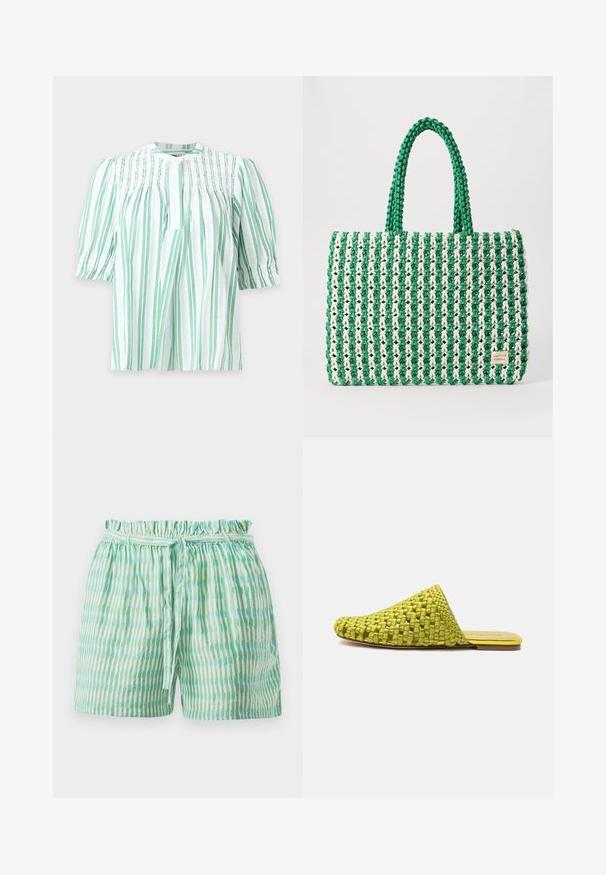 Blouse blanche avec des rayures verticales vert clair, détails froncés sur la poitrine, manches courtes bouffantes et encolure ronde avec une fente à l'avant.; Shorts légers avec une taille élastiquée froncée, ornés de rayures verticales alternées vertes et blanches, et munis d'une ceinture à nouer.; Mule en tissu vert à enfiler avec semelle plate et bout pointu fermé, conçue pour un usage décontracté.; Sac fourre-tout tissé vert et blanc avec une forme rectangulaire structurée, une finition texturée et deux poignées solides. Présente une étiquette de logo sur le côté.