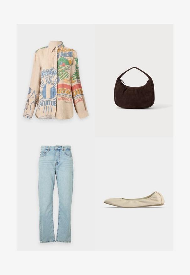 Langærmet beige skjorte med farverigt vintage tryk af kartoffelsække, inklusive illustrationer af en gås, landbrugslandskab og tekst i blå, grøn og rød.; Lyseblå denimjeans med lige ben-design. Har fem lommer, metalknaplukning og en let falmet tekstur.; Beige blødt læder balletsko med rundet tå, lavt snit i siden og tynd gummisål på en ensartet hvid baggrund.; Mørkebrun ruskindshåndtaske med kort rem og afrundet rektangulær form på en ensfarvet lys baggrund.