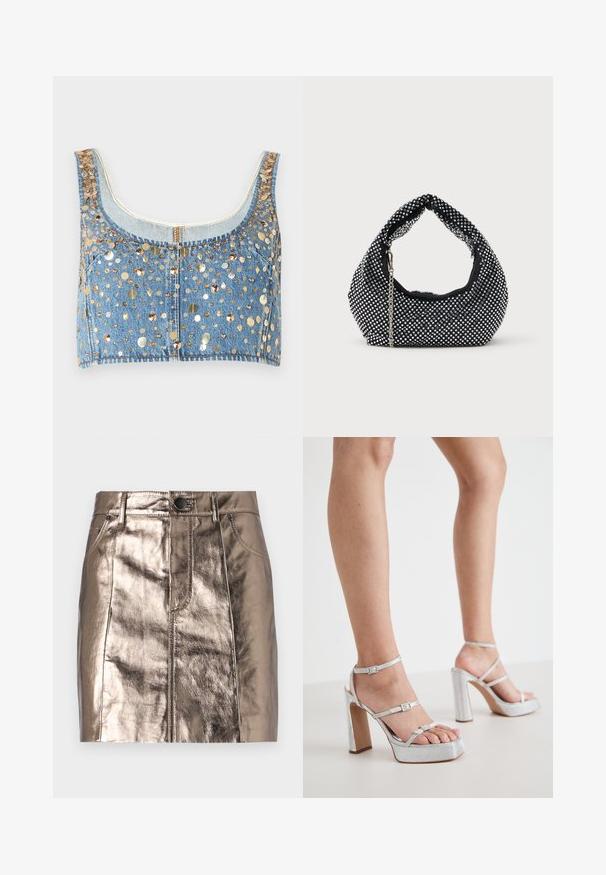 FRAME THE CHAMPAGNE - Topp - gold coloured; Metallic pronksist denim mini-seelik, millel on sirge lõige, eesmine taskud ja vöökoht, millel on nööbi sulgemine. Sile ja läikiv tekstuur.; Hõbedased platvormi kõrged kontsad, millel on pahkluude rihmad, tekstureeritud materjal, lai ploki konts ja reguleeritavad klambrid.; Must mustraga, mis on kaunistatud hõbedaste studidega, kõverate käepidemete ja kettiga rihmaga. Pehme tekstuur ja ümar kuju.