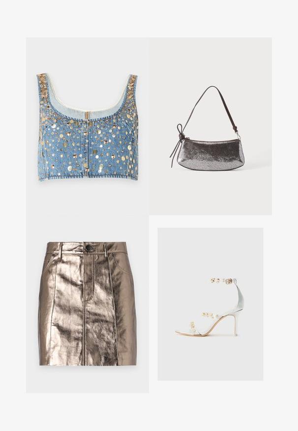 FRAME THE CHAMPAGNE - Top - gold coloured; Metalická bronzová mini sukňa z denimu so štýlovým strihom, prednými vreckami a pásom so zapínaním na gombík. Hladká a lesklá textúra.; Priehľadné sandále na vysokom opätku s priehľadnými popruhmi ozdobenými zlatými klincami, štíhlym opätkom a otvorenou špičkou s hladkým, lesklým povrchom.; Malá kovová strieborná kabelka s textúrovaným povrchom, krátkym tmavohnedým remienkom a dekoratívnou viazanou mašľou na jednej strane.
