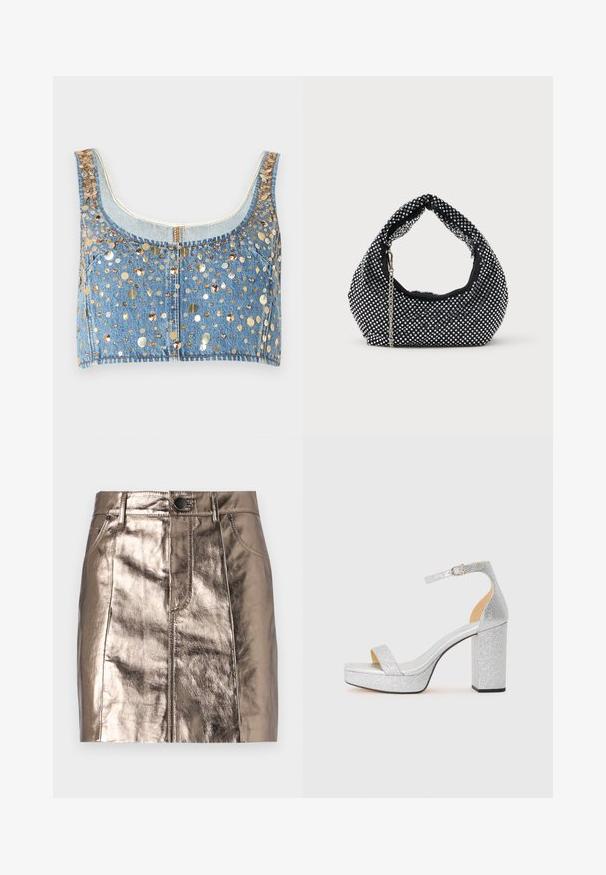 FRAME THE CHAMPAGNE - Top - gold coloured; Metallisch bronze farbene Denim-Minirock mit gerade geschnittener Form, frontalen Taschen und einem Bund mit Knopfverschluss. Glatte und glänzende Textur.; Silberner Glitzer-Pumps mit hochhackigem, breitem Blockabsatz, offenen Zehen und verstellbarem Knöchelriemen. Glattes Innenleben und strukturierte Außenseite.; Schwarze Netz-Handtasche verziert mit silbernen Nieten, mit einem gebogenen Griff und einem Kettenriemen. Weiche Textur mit runder Form.