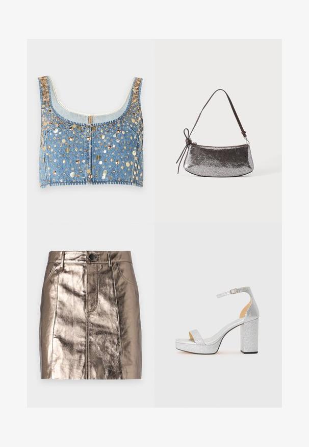 FRAME THE CHAMPAGNE - Top - gold coloured; Metallisch bronze farbene Denim-Minirock mit gerade geschnittener Form, frontalen Taschen und einem Bund mit Knopfverschluss. Glatte und glänzende Textur.; Silberner Glitzer-Pumps mit hochhackigem, breitem Blockabsatz, offenen Zehen und verstellbarem Knöchelriemen. Glattes Innenleben und strukturierte Außenseite.; Kleine metallische silberne Handtasche mit strukturierter Oberfläche, kurzem dunkelbraunem Riemen und dekorativer gebundener Schleife auf einer Seite.