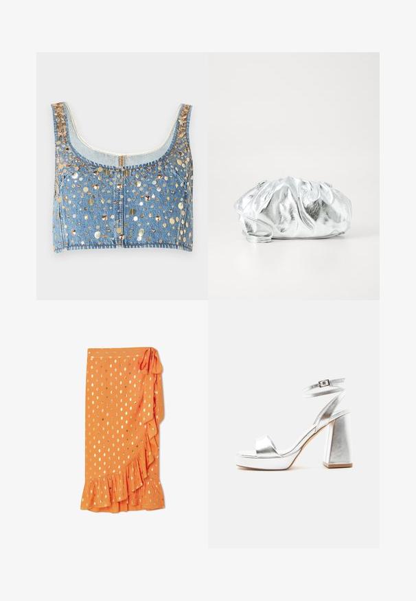 FRAME THE CHAMPAGNE - Top - gold coloured; Orange wrap nederdel med guld polka prikker, flæsekant og sidebinding. Lavet af letvægtsstof, der har en glat tekstur.; Sølv metallic højhælet sandal med ankelrem, blokhæl og åben tå på en ensartet lys baggrund.; Metallisk sølv clutch taske med en blød, samlet krop og en tynd skulderrem. Har en glat, skinnende overflade og rund form.