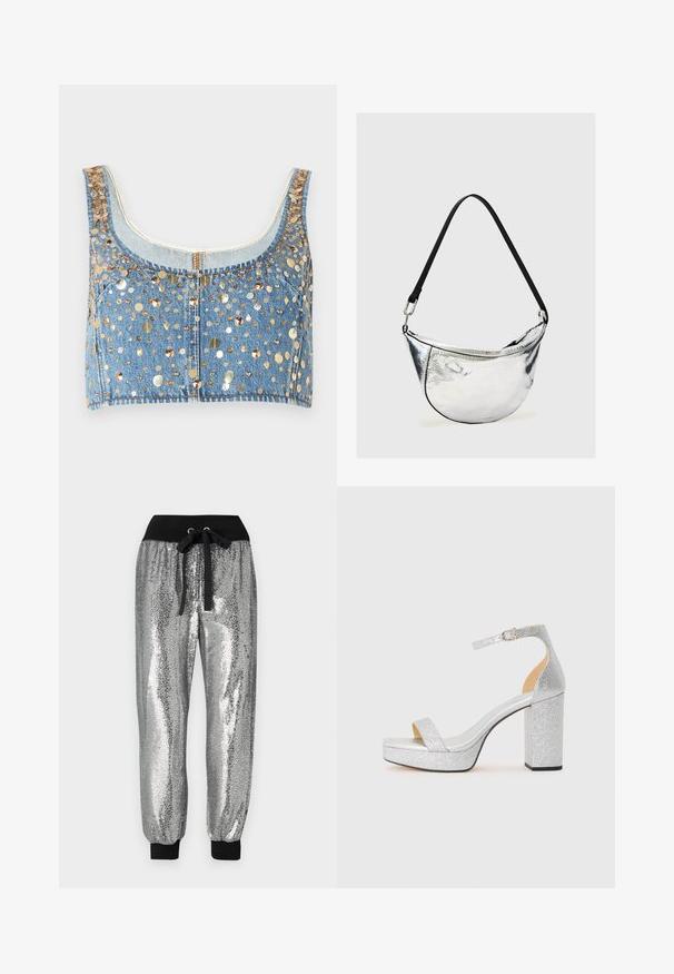 FRAME THE CHAMPAGNE - Débardeur - gold coloured; Pantalons jogger en sequins argentés avec une taille élastique noire, un cordon de serrage et des poignets noirs aux chevilles pour un ajustement fuselé.; Sandale à talon haut en argent pailleté avec un large talon carré, bout ouvert et bride au niveau de la cheville réglable. Intérieur lisse et extérieur texturé.; Sac d’épaule métallique argenté en forme de croissant avec sangle noire réglable et fermeture éclair sur fond clair uni.