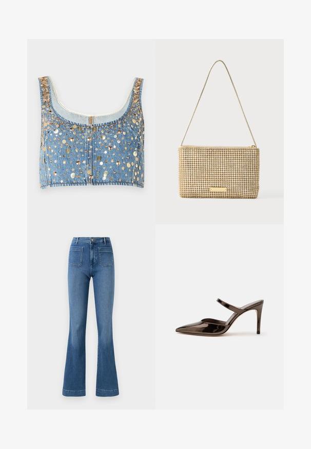 FRAME THE CHAMPAGNE - Top - gold coloured; Ausgestellte blaue Jeans aus Denim mit normaler Bundhöhe, ausgestattet mit zwei Gesäßtaschen und einer sauberen Saumlinie. Glatte Textur und klassisches Design.; Glänzender dunkelbrauner Mule mit spitzer Spitze und hohem Absatz mit schmalem Riemen über dem Spann vor weißem, einfachem Hintergrund.; Goldene Clutch mit rechteckiger Form, bedeckt mit glänzenden silbernen Strasssteinen. Verfügt über einen dünnen, metallischen Schulterriemen und einen Reißverschluss.
