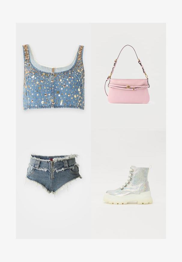 FRAME THE CHAMPAGNE - Top - gold coloured; Jeansshorts med frynset kant, høj talje, lynlås foran og to forlommer. Materialet er en falmet blå denim med slidte detaljer.; Sølv glitrende ankelstøvler med en chunky hvid sål, der har runde snørebånd og en løkke bagpå. Glat, reflekterende overflade.; Blød lyserød lædertaske med justerbar skulderrem og tyndt dekorativt bælte med guldtonet spænde og nitter.