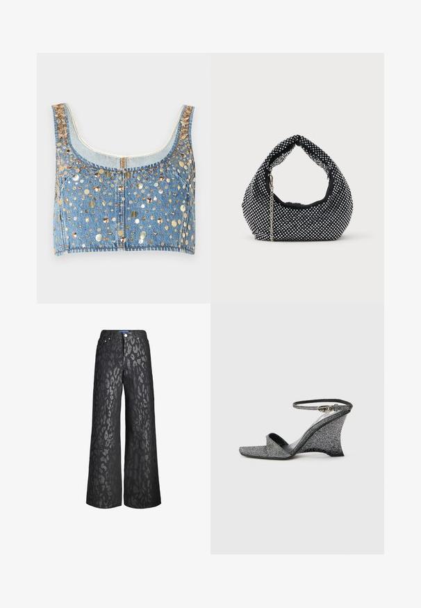 FRAME THE CHAMPAGNE - Top - gold coloured; Schwarze weit geschnittene Hose mit einem Tiermuster in verschiedenen Grautönen. Aus Denim gefertigt, mit fünf Taschen und einem vorderen Knopfverschluss.; Silberne Keilsandale mit Glitzereffekt, offenem Zehenbereich, Knöchelriemen und goldener Schnalle, seitlich auf hellem, schlichten Hintergrund gezeigt.; Schwarze Netz-Handtasche verziert mit silbernen Nieten, mit einem gebogenen Griff und einem Kettenriemen. Weiche Textur mit runder Form.