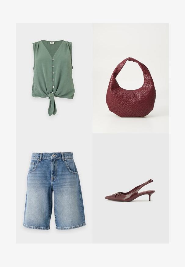 Ärmellose grüne Bluse mit Knöpfen, V-Ausschnitt und vorderem Knoten aus leicht strukturiertem Stoff.; Hellblaue Denim-Shorts mit geradem Schnitt, fünf Taschen und bronzefarbenen Beschlägen. Mit fransigem Saum und einer ausgewaschenen Waschung.; Bordeauxfarbene Leder-Slingback-Pumps mit spitzem Zehenbereich, verstellbarem Riemen und dekorativem Schleifchen vorne. Absatzhöhe von 7,5 cm.; Geflochtener burgunderfarbener Handtasche mit einer runden Silhouette, einem einzelnen Griff und einer strukturierten Oberfläche. Reißverschluss oben.