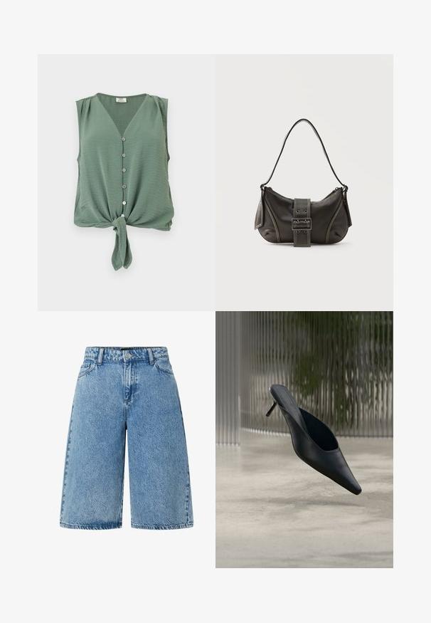 Mouwloze groene blouse met knopen, V-hals en voorknoop, gemaakt van lichtgewicht gestructureerde stof.; Lichtblauwe denim short met een wijde snit, standaard vijf-pocket stijl en een gestructureerde stof met een vervaagde afwerking.; Zwarte mule met puntige neus en dunne hoge hak, die boven een gladde betonnen vloer zweeft, met een wazige verticale gestreepte achtergrond.; Zwarte leren schoudertas met gespsluiting aan de riem, afgeronde hoeken en contrasterende witte stiksels op een effen achtergrond.