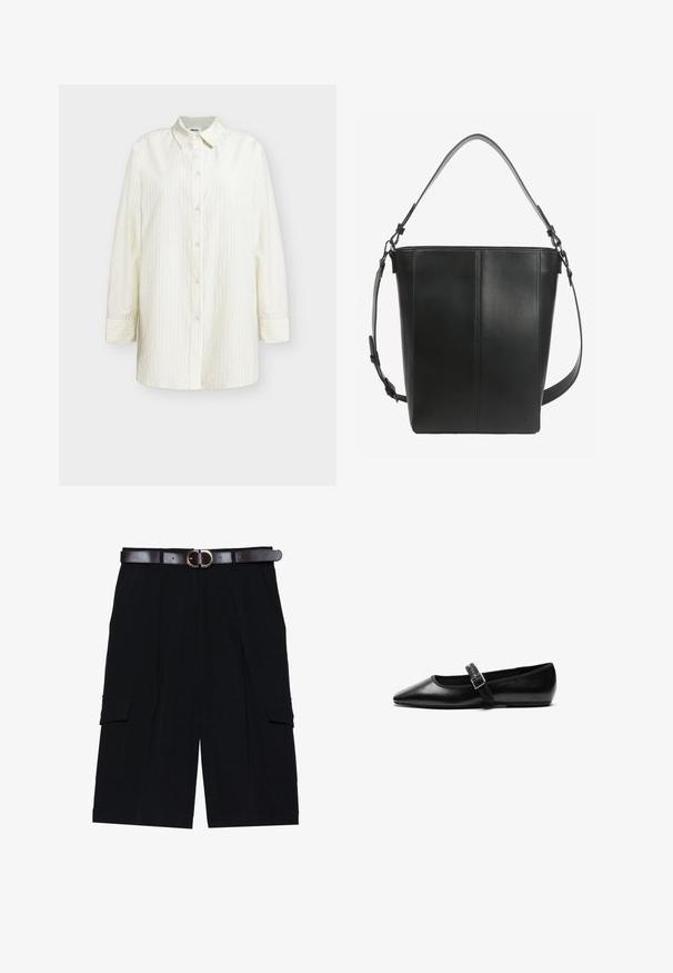 Hvid skjorte med lange ærmer, tynde lodrette striber og spidse krave, vist fladt på en hvid baggrund.; Sorte cargo shorts lavet af letvægtsstof, med lige snit, sidelommer og et brunt læderbælte med en sølvspænde.; Sorte flade sko lavet af læder med spidse tæer, justerbar rem med metalspænde, glat tekstur og minimalistisk design.; Sort læder bucket taske med lodret syning, et kort håndtag og en justerbar skulderrem med metalspænder.