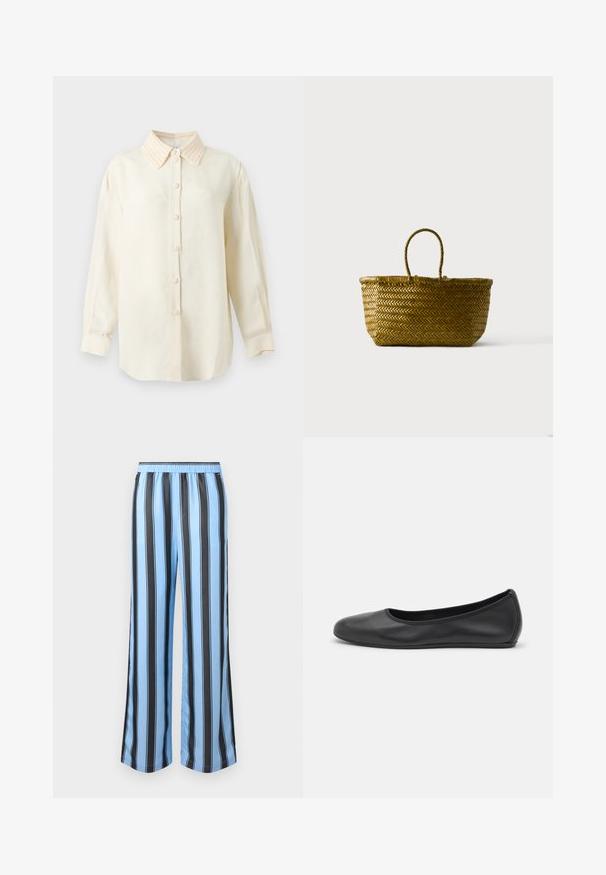 Chemise crème à manches longues, boutonnée, avec col texturé et boutons assortis, présentée sur un fond clair uni.; Pantalon en satin bleu clair avec de larges rayures verticales noires, taille élastique et coupe droite décontractée.; Ballerines en cuir noir avec un bout rond, texture lisse, détails de couture minimalistes et design de semelle flexible.; Sac cabas en paille tressée avec une anse en boucle, forme rectangulaire arrondie et couleur naturelle marron sur un fond uni.