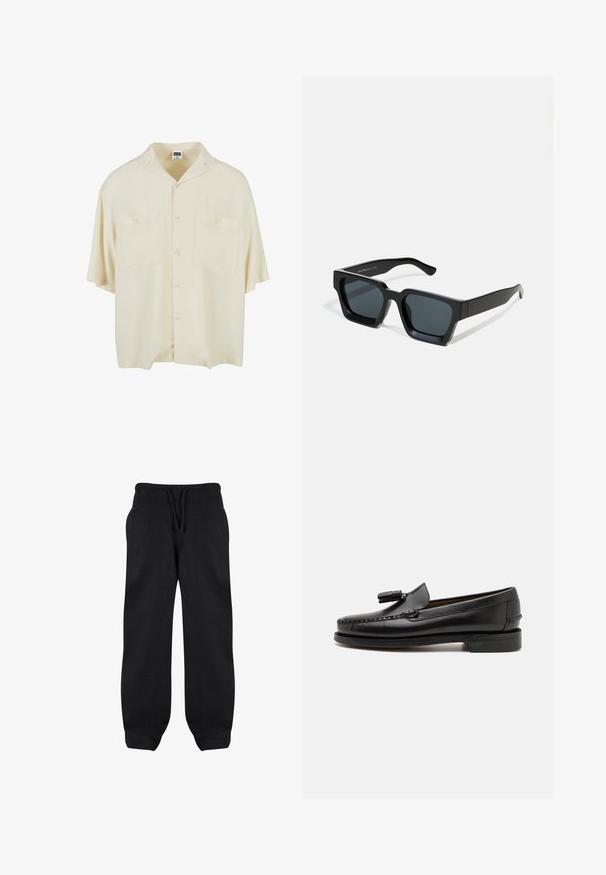 Camisa de manga corta y corte suelto en tejido crema, con collar, dos bolsillos frontales y cierre de botones en la parte delantera. Textura suave, diseño minimalista.; Pantalones de chándal negros con cintura elástica, cordón y bolsillos laterales. Fabricados con una tela suave, tienen un corte holgado y tobillos ajustados.; Mocasines de cuero negro con costuras de mocasín, punta redonda y acento de borlas. Tacón plano con una textura suave, diseñados para uso casual.; Gafas de sol negras rectangulares con lentes oscuros. Montura de plástico grueso y liso con un acabado ligeramente brillante y patillas rectas.