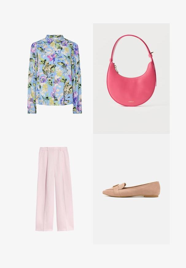 Lange mouw blouse van lichtblauw stof met een bloemenpatroon in paarse, groene en gele accenten. Knopsluiting aan de voorkant en standaard kraag.; Lichtroze broek met wijde pijpen en een rechte snit, voorzien van steekzakken aan de voorkant en een nette tailleband zonder zichtbare sluitingen of versieringen.; Lichtroze suède ballerina's met een spitse neus, voorzien van een omslagdetail en een goudkleurige gesp als accent. Lage, platte zool. Gladde textuur.; Roze lederen handtas in vorm van een halve maan met verstelbare band en gouden ritssluiting, met klein gouden Furla-logo in het midden aan de voorkant.