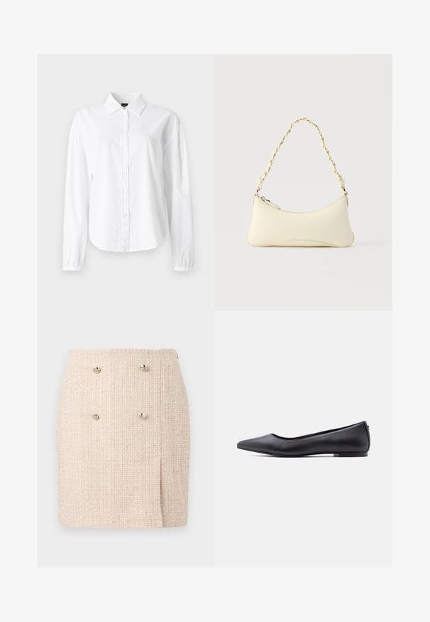 Witte blouse met lange mouwen, kraag, knoopsluiting aan de voorkant en ingezette manchetten. Gemaakt van zacht, lichtgewicht stof met een gladde textuur.; Beige textured rok met een geweven patroon, voorzien van twee opvallende zilveren knopen aan de voorkant en een licht asymmetrische zoom.; Zwarte platte leren schoen met puntige neus en lage hak, zijaanzicht tegen een witte achtergrond.; Kleine handtas in crèmekleur met een gebogen vorm en gevlochten kettinghengsel in goudkleur, ritssluiting aan de bovenkant