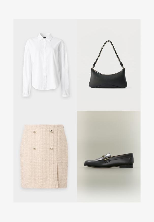 Witte blouse met lange mouwen, kraag, knoopsluiting aan de voorkant en ingezette manchetten. Gemaakt van zacht, lichtgewicht stof met een gladde textuur.; Beige textured rok met een geweven patroon, voorzien van twee opvallende zilveren knopen aan de voorkant en een licht asymmetrische zoom.; Zwarte leren loafer met zilveren bovenkant, gouden kettingdetail, lage hak en afgeronde neus op een neutrale achtergrond.; Zwarte lederen schoudertas met een gebogen rechthoekige vorm, gouden ketting verweven in een gevlochten zwarte band, en een ritssluiting bovenop.