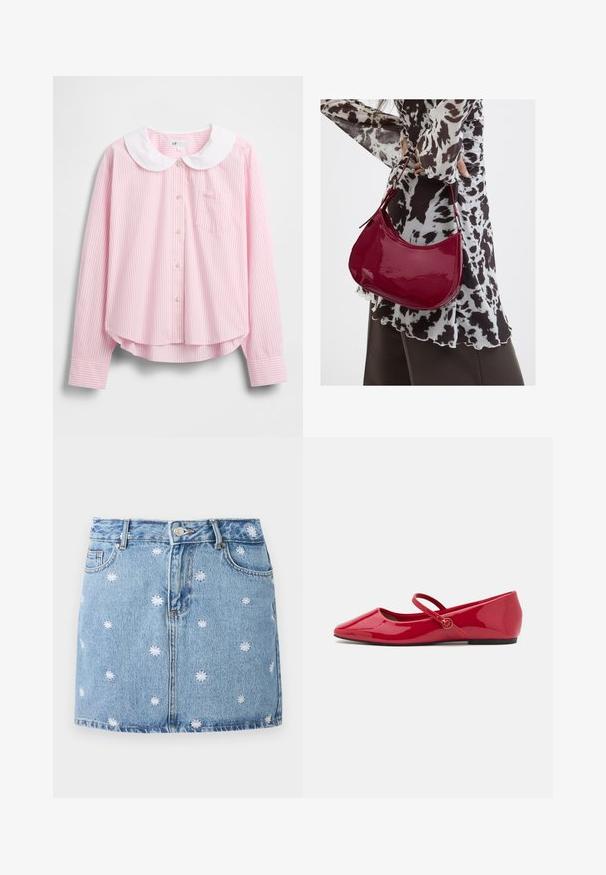 Lyserød langærmet skjorte med striber, hvid Peter Pan-krave, knapper foran og brystlomme. Blødt stof med en let buet kant.; Lys blå denimskørt med hvide broderede blomsterdesigns, fem lommer og knaplukning foran, med en lige, mini-længde.; Røde ballerinasko i laklæder med spids snude, ankelrem og en lille rund detalje på remmen. Flad sål og glat tekstur.; Kvinde iført en sort- og hvidmønstret bluse, der holder en blank rød skuldertaske mod en ensfarvet baggrund.