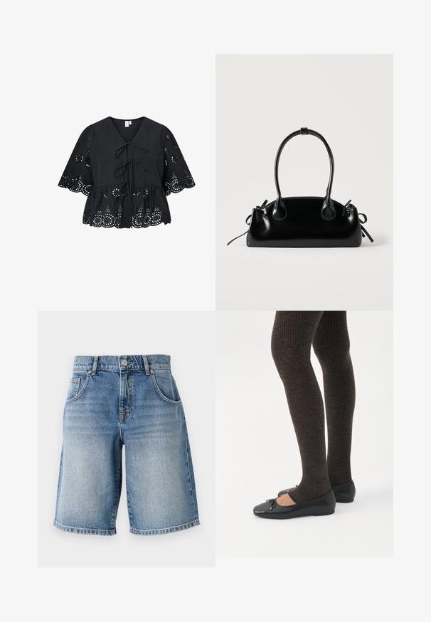 Schwarze Bluse mit kurzen, weiten Ärmeln, ausgestattet mit einem V-Ausschnitt, einer Bindung vorne und einem filigranen Lochmuster am Saum und den Ärmeln.; Hellblaue Denim-Shorts mit geradem Schnitt, fünf Taschen und bronzefarbenen Beschlägen. Mit fransigem Saum und einer ausgewaschenen Waschung.; Beine in dunklen, gerippten Leggings kombiniert mit schwarzen Ballerinas mit kleinen Schleifendetails auf weißem Hintergrund.; Kleine schwarze glänzende Handtasche mit zwei langen Griffen und seitlichen Kordelzug-Details vor einfachem hellem Hintergrund.