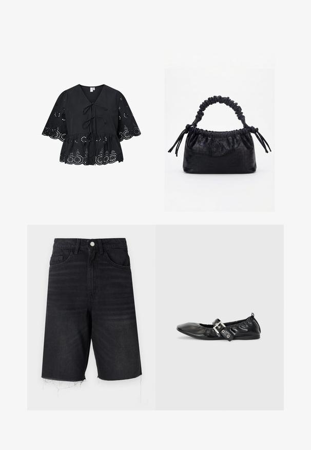 Schwarze Bluse mit kurzen, weiten Ärmeln, ausgestattet mit einem V-Ausschnitt, einer Bindung vorne und einem filigranen Lochmuster am Saum und den Ärmeln.; Schwarze Denim-Shorts mit hoher Taille, fünf Taschen, Knopfverschluss und ausgefranstem Saum. Sie besitzen eine glatte Textur mit leichter Ausbleichung.; Schwarze Leder-Ballerinas mit spitzem Zehenbereich, gerafften Details am Schaft und einem silbernen Schnallenakzent am verstellbaren Riemen.; Schwarze Handtasche mit Krokodilstruktur, gerafftem oberen Rand, zusammengezogenem Griff und Zugkordeln mit Quasten an jeder Seite vor weißem Hintergrund.