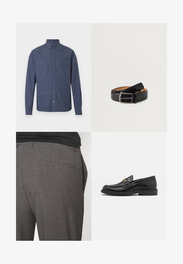 Camisa de botones azul marino de manga larga, con cuello y una textura sutil, que cuenta con seis botones en la parte delantera.; Pantalones grises ajustados con una textura suave, que cuentan con un bolsillo trasero y un diseño slim fit. La tela tiene un patrón sutil.; Mocasines de cuero negro con punta redondeada, que cuentan con un detalle de herrajes dorados y costuras, situados sobre una suela de goma texturizada y baja.; Cinturón de cuero negro con un acabado suave, con una hebilla rectangular en tono plateado y un forro interior marrón en contraste.