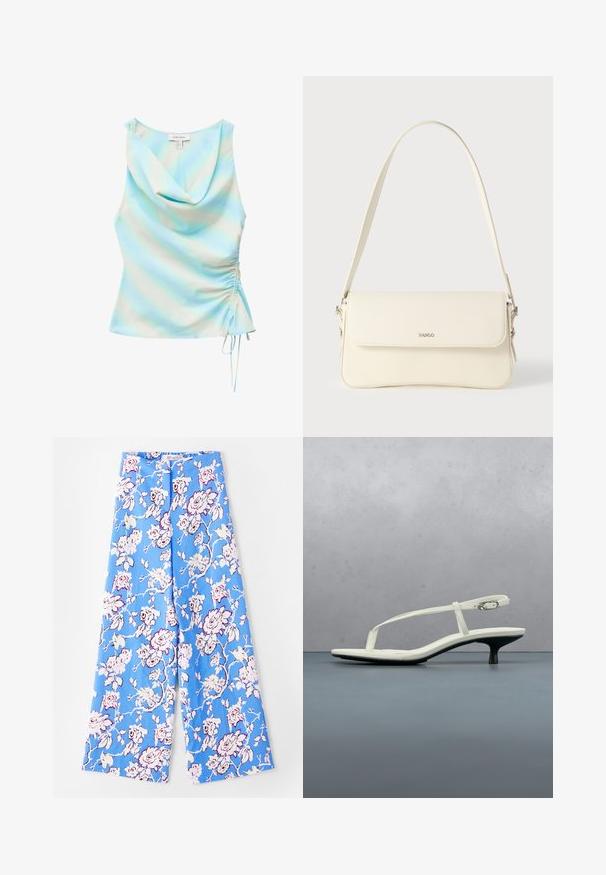 Ærmeløs lyseblå og hvid tie-dye top med draperet halsudskæring og justerbar rynket sidesnor.; Blå blomsterbukser med et pastelfarvet rosemønster. Stofret er glat med en afslappet pasform, brede ben og en elastisk talje.; Hvid sandal med stropper og kitten-hæl med spids tå, svævende over et trægulv udendørs med en sløret plante og væg i baggrunden.; Cremefarvet læder skuldertaske med flaplukning, sølvfarvet beslag, en enkelt justerbar rem og diskrete logodetaljer.