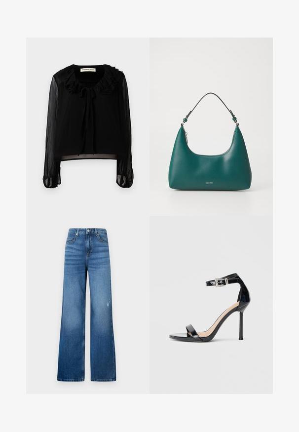 Schwarze Bluse mit langen Ärmeln, rüschigem Ausschnitt und Bindeband. Hergestellt aus durchsichtigem Material mit tailliertem Oberteil und gerafften Ärmeln.; Weite blaue Denim-Jeans mit einem leichten Verblassen, ausgestattet mit fünf Taschen und einem Standardbund mit Knopfverschluss. Sanfte Textur.; Schwarzer Riemchensandale aus Lackleder mit hohem Absatz und Knöchelriemen. Verfügt über ein minimalistisches Design, offene Zehenpartie und eine Schnalle mit Strassakzenten.; Teal Handtasche mit einer geschwungenen Form und einem Schultergurt, mit einem dezenten Calvin Klein Logo auf der Vorderseite vor einem schlichten weißen Hintergrund.