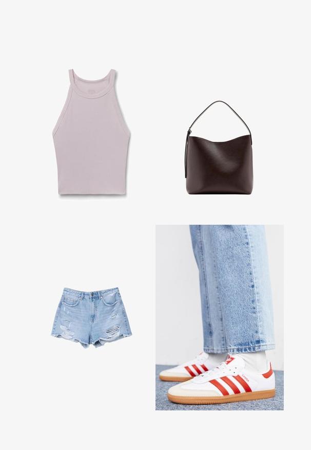 Ärmelloses, geripptes Tanktop in hellem Mauve mit hohem Halsausschnitt und weiten Armausschnitten, entworfen für eine enge Passform.; Helle blaue Jeansshorts mit fransigen Säumen und distressierten Details, ausgestattet mit Fronttaschen und einem Knopfverschluss.; Weiße Leder Sneaker mit roten Streifen und Akzenten. Verfügt über eine strukturierte Gummi-Laufsohle und einen gepolsterten Schaft. Tragen mit hellblauer Jeans.; Dunkelbraune Lederhandtasche mit einem einzelnen geschwungenen oberen Griff und einer glatten, ungeschmückten Oberfläche vor weißem Hintergrund.