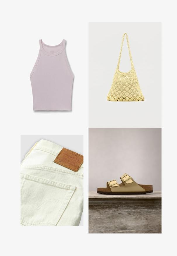 Mouwloze geribde tanktop in licht mauve met hoge hals en brede armsgaten, ontworpen voor een nauwsluitende pasvorm.; Levi's 501-jeans in crèmekleur met een tan leren patch, voorzien van gebogen stiksels op de achterzak en een klassiek denimontwerp.; Gouden metallic sandalen met twee banden en verstelbare gespen, kurken voetbed en een gemarmerde rubberen loopzool. Beschikt over een open teen- en open hielontwerp.; Gele macramé net tas met lange band en beige tasje erin, getoond op een effen witte achtergrond.