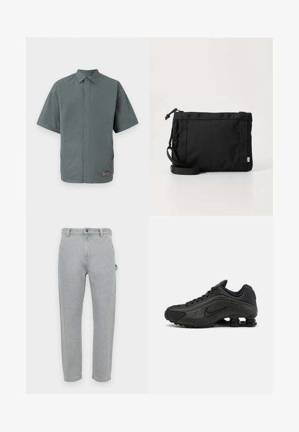 Chemise à manches courtes en tissu vert discret, dotée d'un col classique, d'une fermeture à boutons sur le devant, de poches latérales et d'une étiquette au bas.; Jean en denim gris clair à coupe droite. Dispose d'une taille classique, de cinq poches et d'une légère décoloration pour plus de texture.; Baskets de course noires avec une tige en synthétique lisse, des accents perforés, des panneaux latéraux texturés et une semelle distincte et rebondissante.; Sac à épaule en tissu noir avec un extérieur texturé, une sangle ajustable et une fermeture à cordon. Il présente des coutures audacieuses et une étiquette sur le côté.