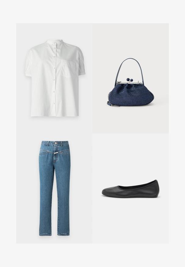Weißes Kurzarmhemd mit Stehkragen, Vorderknöpfen und einer Brusttasche. Aus glattem Stoff mit leichtem Glanz gefertigt.; CLOSED PEDAL PUSHER - Jeans Relaxed Fit - mid blue; Schwarze Leder-Ballettschuhe mit abgerundeter Spitze, glatter Textur, minimalen Nähdetails und einem flexiblen Sohlen-Design.; Marineblaue Handtasche aus gewebtem Stoff mit rundem Verschluss, kurzem Griff und silbernem Kettendetail vor schlichter hellem Hintergrund.