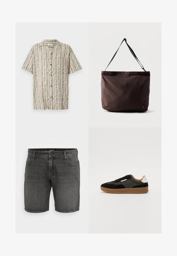 Beiges Kurzarmhemd mit Knopfleiste, vertikalem blauen Blatt- und Rebenmuster und spitzem Kragen.; Schwarze Jeansshorts mit einem klassischen Fünf-Taschen-Design, Knopfverschluss und gestickten Akzenten. Hergestellt aus strapazierfähigem Baumwollmaterial.; Schwarze und graue Wildleder- und Leder-Sneaker mit einer Gummisohle, ausgestattet mit schwarzen Schnürsenkeln und einem weißen Akzent an der Ferse.; Braune Stofftasche mit glatter Textur, verstellbarem schwarzen Tragegurt und Seitentasche. Mit einem kleinen Logo-Tag auf der Vorderseite.