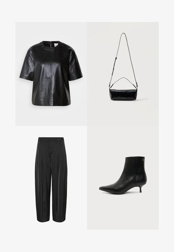 Haut en cuir noir à manches courtes avec un col rond et une fermeture éclair dans le dos. Présente une texture lisse et un design à coupe décontractée.; Pantalons noirs à jambes larges avec plis sur le devant, passants de ceinture et ajusteurs latéraux à boutons, fabriqués en tissu brillant.; Bottine en cuir noir avec bout pointu et petit talon kitten sur fond clair, vue côté extérieur.; Sac bandoulière rectangulaire en cuir noir avec bandoulière ajustable, fermeture éclair sur le dessus et petit logo Calvin Klein doré sur le devant.