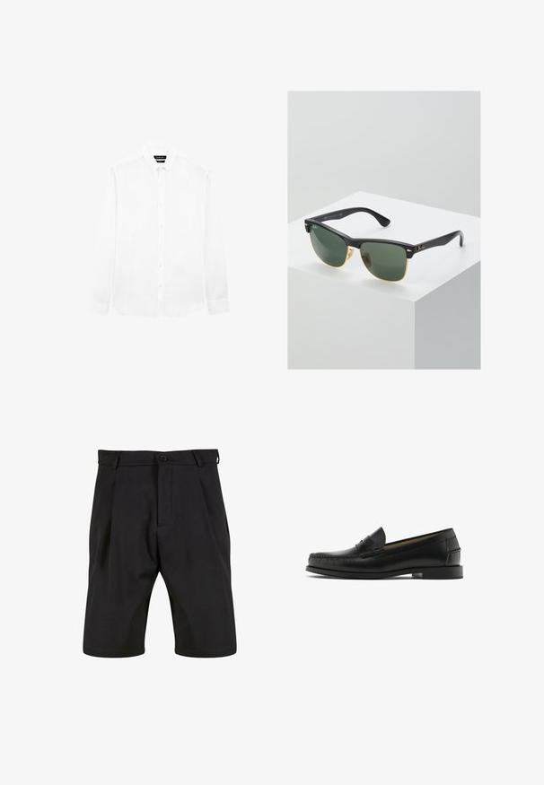 Hvid skjorte med lange ærmer, knaplukning på kraven og foran, vist fladt mod en hvid baggrund.; Sorte shorts lavet af et glat stof med skræddersyet design, der har en frontknaplukning, læg og sidelommer.; Sorte læderloafer med rundet tå, syningsdetaljer, glat tekstur og lav blokhæl. Ingen synlige udsmykninger eller mønstre.; Ray-Ban solbriller med grønne linser, sorte plastikstel og gyldne detaljer ved kanterne. Firkantet form med mat finish.