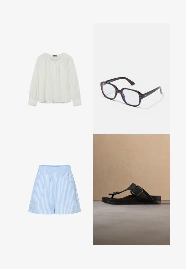 Hvid bluse med lange ærmer, blomsterbroderi, rund halsudskæring, knaplukning foran og rynkede manchetter.; Lyseblå shorts med lodrette hvide striber, designet med en elastisk talje og en afslappet pasform for komfort. Materialet er bomuld.; Sort tanga-sandal med en stor spænde, der svæver over et vævet beige tæppe, med et sofabord i træ og stablede bøger i baggrunden.; Skildpaddebens rektangulære briller med klare linser, der har kraftige stel, guldaccenter og et strømlinet design.