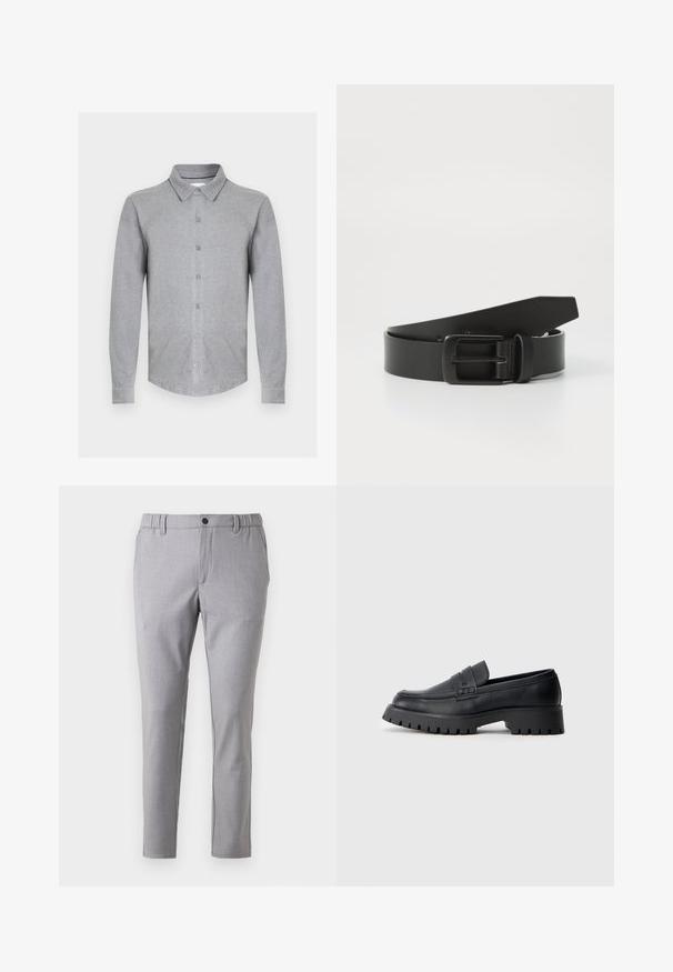 Chemise grise à manches longues en tissu doux, avec un col à revers, une fermeture boutonnée sur le devant et un ourlet arrondi. Design simple sans motifs.; Chinos grises en tissu au toucher lisse, dotés d'une taille élastique, de poches latérales et d'un design ajusté.; Mocassins en cuir noir avec un bout arrondi, présentant une sangle décorative et une semelle en caoutchouc épaisse avec de profonds crampons pour une meilleure adhérence.; Ceinture en cuir noir avec une boucle en métal noir mat, présentant une texture lisse et un design simple. Longueur réglable avec une extrémité effilée.