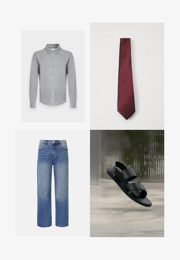 Graues Langarmshirt aus weichem Stoff, mit Hemdkragen, Knopfleiste vorne und abgerundetem Saum. Schlichtes Design ohne Muster.; Helle blaue Denim-Jeans mit weitem Bein, einem Ausbleichungsmuster, fünf Taschen und einem Reißverschluss. Mit einem Knopf und Gürtelschlaufen an der Taille.; Schwarze Ledersandale mit zwei breiten Riemen und einer Schnalle, die über einem polierten Betonboden vor einem unscharfen, geriffelten Glas-Hintergrund schwebt.; Rote Krawatte mit diagonalen Streifen, aus glattem Stoff gefertigt, hat eine spitze Spitze und eine leicht reflektierende Oberfläche, die eine reiche Farbtiefe zur Schau stellt.