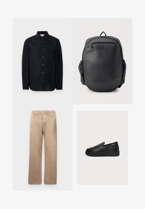 Sort langærmet skjorte med knapper og krave, vist fladt mod en hvid baggrund.; Beige denimjeans med lige pasform, der har fem lommer, knaplukning og kontrasterende syninger. Glat tekstur og minimal slid.; Sort læder slip-on platform sko med tyk sål og lille gyldent "HUGO" logo nær hælen på en ensfarvet lys baggrund.; Sort rygsæk med glat struktur og BOSS-logo, frontlomme med lynlås, sidelommer med lynlås og bærehåndtag øverst på hvid baggrund.