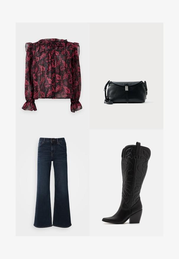 Blusa negra semitransparente con patrón floral rojo, cuello con volantes y mangas largas con puños elásticos. Presenta un cierre de botones en la parte delantera.; Mos Mosh HERA - Vaqueros a campana - dark blue; Botas negras de cuero hasta la rodilla con punta puntiaguda y tacón apilado. Presentan costuras decorativas y elementos de diseño curvados.; Bolso de hombro de cuero negro con forma redondeada, que presenta un cierre de solapa y acentos metálicos. Se incluye una correa ajustable.