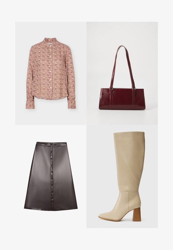 Chemise à manches longues boutonnée avec un motif géométrique dans des tons marron, beige et violet clair, avec un col et des poignets.; Jupe A-line en simili cuir marron avec une texture lisse, dotée d'une fermeture à boutons à l'avant et d'un ourlet qui tombe au-dessus du genou.; Botte en cuir beige haute jusqu'au genou avec un bout pointu, un talon bloc texturé et une surface lisse. Détail de couture à la cheville et en haut de la tige.; Sac à main bordeaux en matériau brillant, de forme rectangulaire, avec deux anses et des accents légèrement courbés à l'avant.
