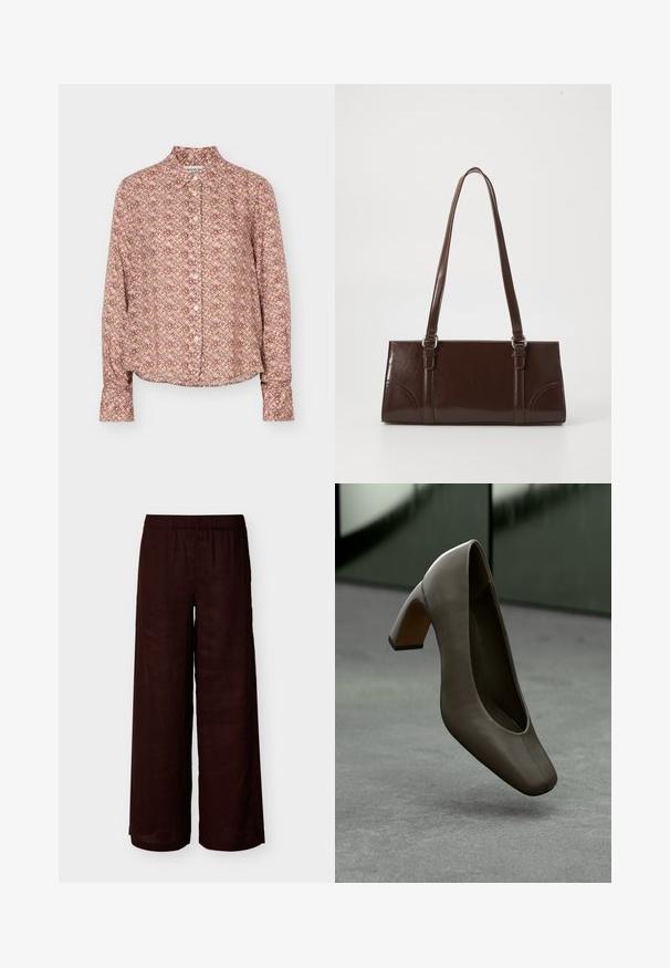 Langærmet skjorte med knapper og geometrisk mønster i nuancer af brun, beige og lys lilla, med krave og manchetter.; Vidbenede mørkebrune bukser i hør med elastisk talje, ankel-længde, vist på ensfarvet lys baggrund.; Mørke olivengrøn lædersko med høj hæl, firkantet tå og blokhæl, svævende over et gråt betongulv med en sløret grøn baggrund.; Brun lakeret håndtaske med rektangulær form, to lange håndtag og subtile buede detaljer på fronten.