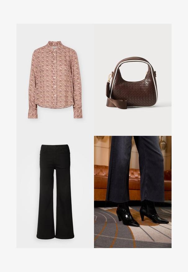 Overhemd met lange mouwen en knopen, met een geometrisch patroon in tinten bruin, beige en lichtpaars, met een kraag en manchetten.; Zwarte wijde denim broek met voorzakken, een knoopsluiting en een gladde textuur met een nette afwerking.; Zwarte lakleren enkellaarsjes met puntige neus, gedragen met donkere wijdgesneden jeans op een patroon tapijt voor een bruine leren bank.; Bruine geweven leren handtas met witte bies, gouden ritssluiting en afneembare bruine stoffen schouderriem.