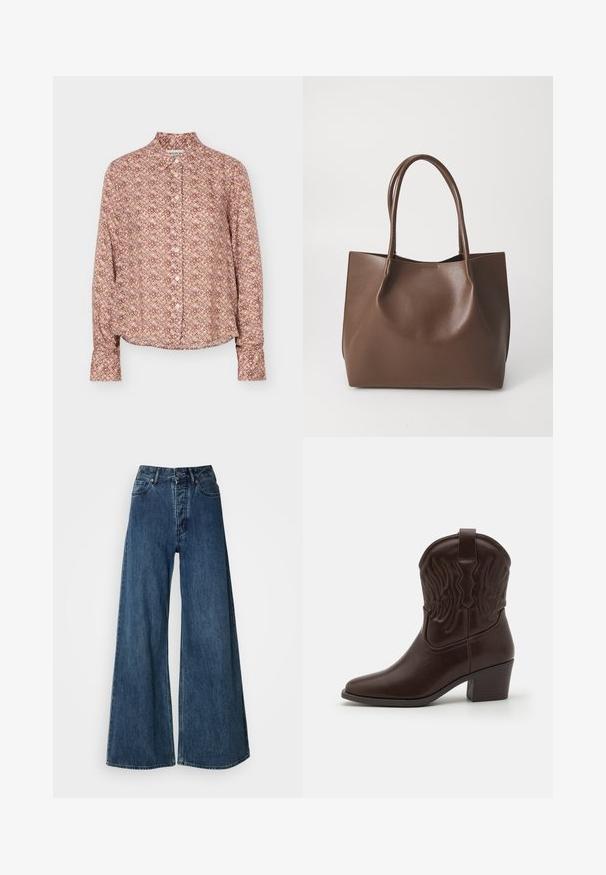 Langärmliges Hemd mit Knopfleiste und geometrischem Muster in Brauntönen, Beige und Hellviolett, mit Kragen und Manschetten.; Weite Denim-Jeans in Dunkelblau mit hoher Taille, Fünf-Taschen-Design und kontrastierenden Nähten. Klassischer, strapazierfähiger Stoff.; Braune Leder-Cowboy-Stiefel mit spitzen Zehen, geprägten Flügelmotiven, einem mittelhohen Blockabsatz und einer Zuglasche auf der Rückseite.; Braune Leder-Tote mit zwei langen Tragriemen, strukturiertem Shape, glatter Textur und minimalistischem Design. Keine sichtbaren Beschläge oder Akzente.