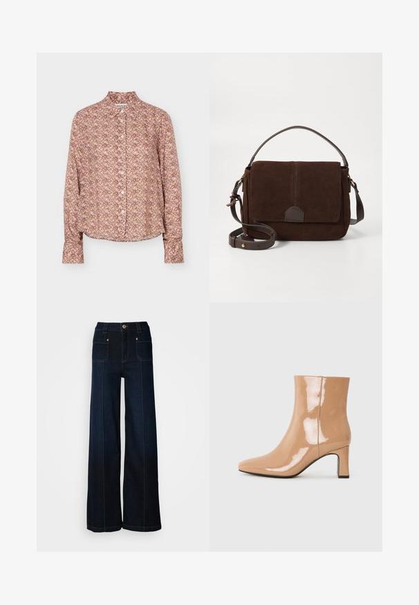 Langärmliges Hemd mit Knopfleiste und geometrischem Muster in Brauntönen, Beige und Hellviolett, mit Kragen und Manschetten.; Weite, dunkelblaue Jeans mit weitem Bein. Verfügt über Fronttaschen, goldenes Zubehör und Kontrastnähte. Glatte Textur mit einem lässigen Design.; Nude-farbene Lack-Stiefeletten mit spitzem Zehenbereich, glänzender Oberfläche und mittelhohem Blockabsatz. Glatte Textur und schlanke Silhouette.; Braune Wildleder-Umhängetasche mit flacher Vorderklappe, braunen-Lederausführungen, verstellbarem Riemen und minimalistischem Design.