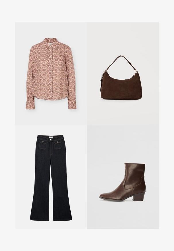 Chemise à manches longues boutonnée avec un motif géométrique dans des tons marron, beige et violet clair, avec un col et des poignets.; Jeans en denim foncé évasés avec une taille haute, deux poches avant et des coutures orange. Le matériau semble robuste et lisse.; Bottine en cuir marron à bout pointu, talon moyen bloc et panneaux latéraux élastiques pour un enfilage facile. Texture lisse et design élégant.; Sac à bandoulière en daim marron avec une seule sangle et une fermeture éclair sur un fond clair uni.