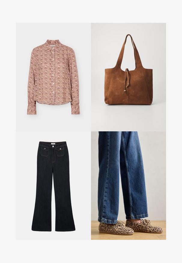 Overhemd met lange mouwen en knopen, met een geometrisch patroon in tinten bruin, beige en lichtpaars, met een kraag en manchetten.; Flared donkerdenim jeans met een hoge taille, twee voorzakken en oranje stiksels. Het materiaal lijkt stevig en glad.; Luipaardprint loafers van suede, met een ronde neus, vetersluiting en platte, flexibele zolen, gecombineerd met blauwe jeans.; Bruine suede tote bag met twee lange handvatten, trekkoordsluiting en een gladde textuur. Kenmerkt zich door een eenvoudig ontwerp en minimale accenten.
